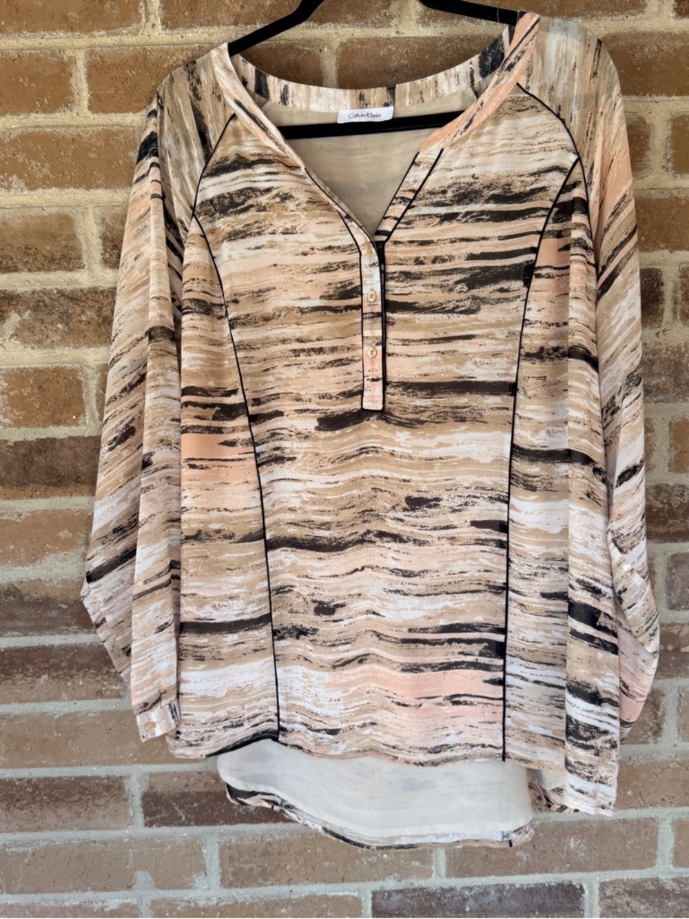 Calvin Klein Peach, Beige & Black Striped Henley Blouse